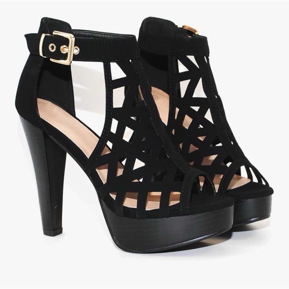 TRENDSup Open Toe Ankle Strap Western‎ Bootie Stacked Heel Size 6 New - Picture 4 of 10
